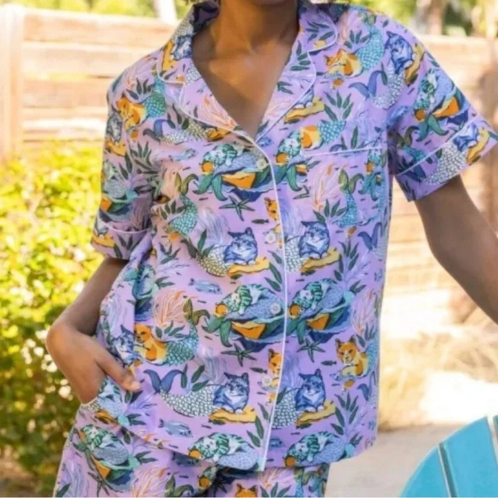 Printfresh Lavender Botanical Cat Print Short Sleeve Pajama Top